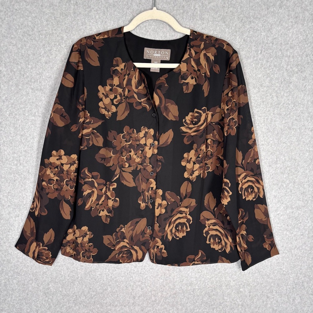 Vintage Dark Floral Button Up Blouse 16P Black Brown Romantic Feminine Jacket